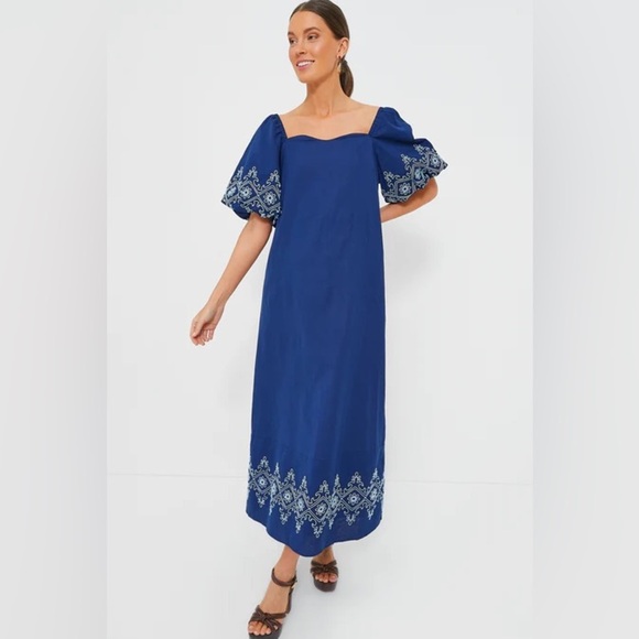 Anna Cate Dress Maggie Maxi Cotton Royal White Embroidery L EUC - Picture 1 of 6